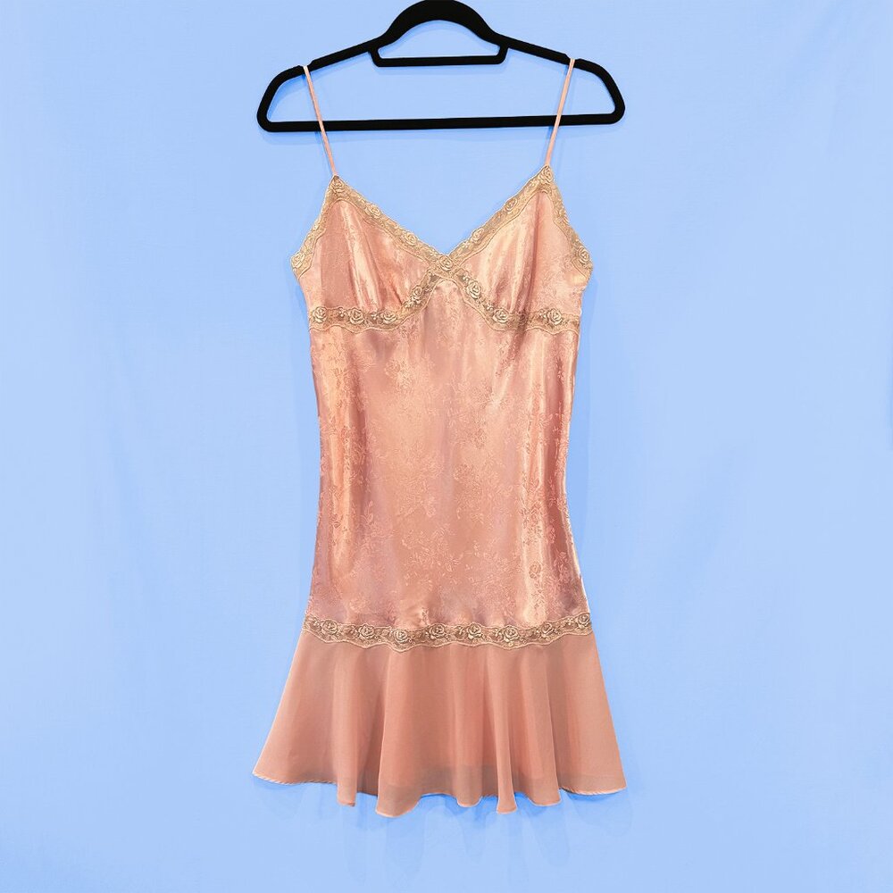 Vintage 90s Cerie Floral Embroidery Satin Slip Dress